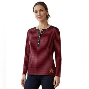 Vintage 90s Lauren Ralph Lauren Red Black Stripe Gold Crest Sweater Top Size L